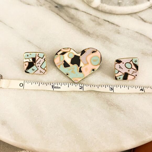 Vintage Cynthia Chuang Heart Brooch and Square Earrings Set Ceramic Unsigned - Picture 7 of 7